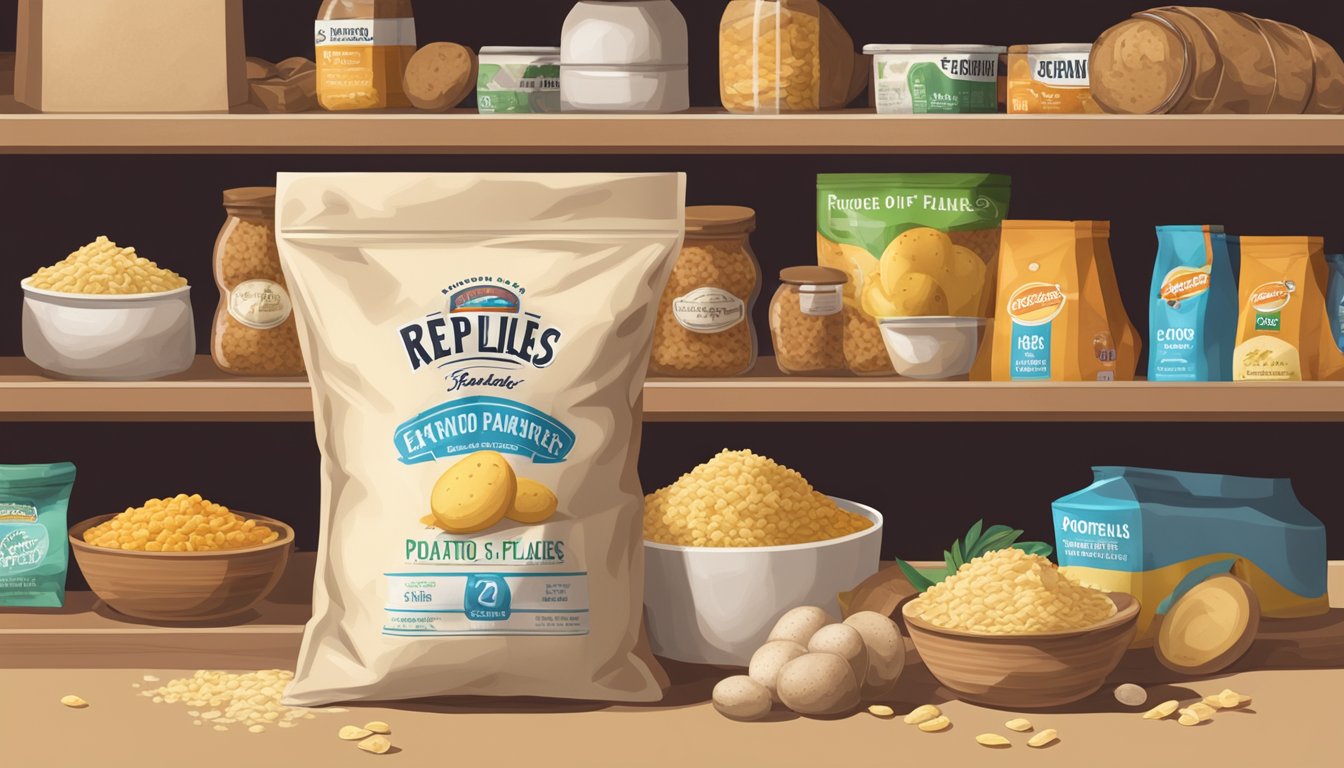 A bag of expired potato flakes sits on a pantry shelf, surrounded by other food items. The date on the package is clearly past due