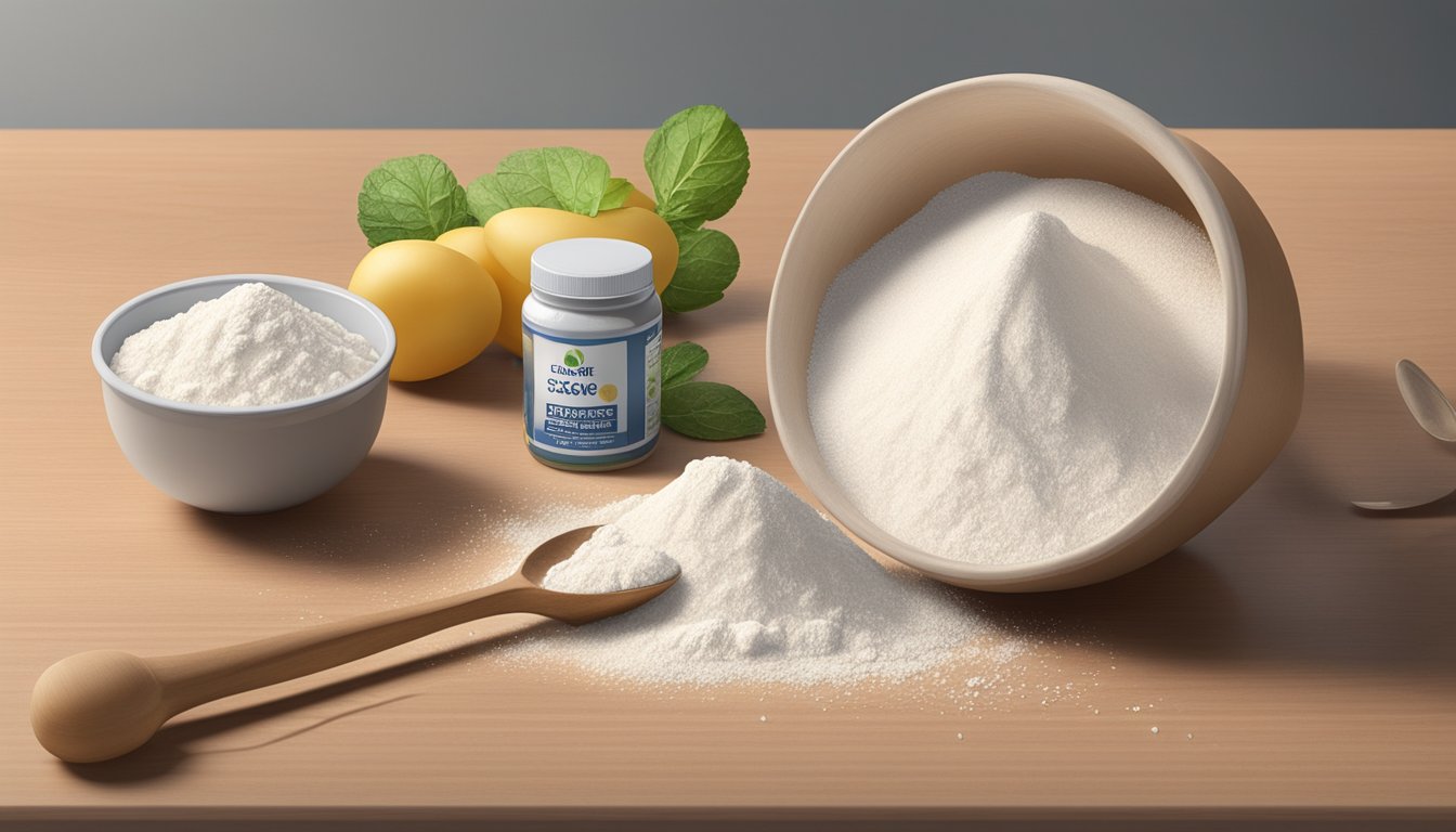 A pile of expired potato starch sits on a kitchen counter, next to a measuring spoon and a bowl of food. The expiration date is clearly visible on the packaging