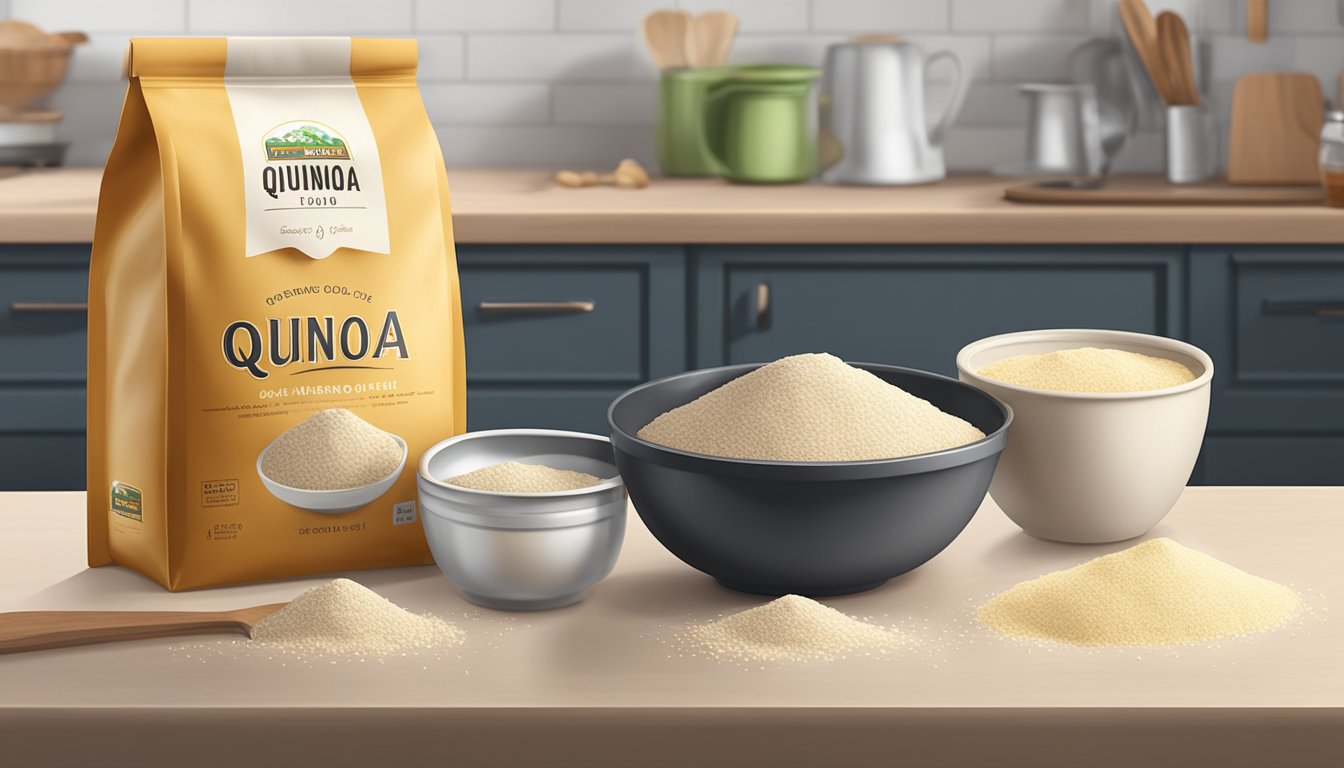 A bag of quinoa flour with an expiration date passed, sitting on a kitchen counter next to a mixing bowl and measuring cups