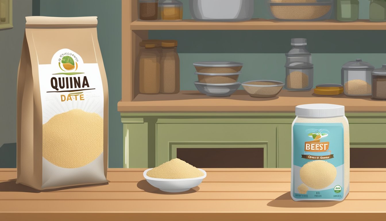 A bag of quinoa flour with a "best by" date passed, stored in a cool, dry pantry