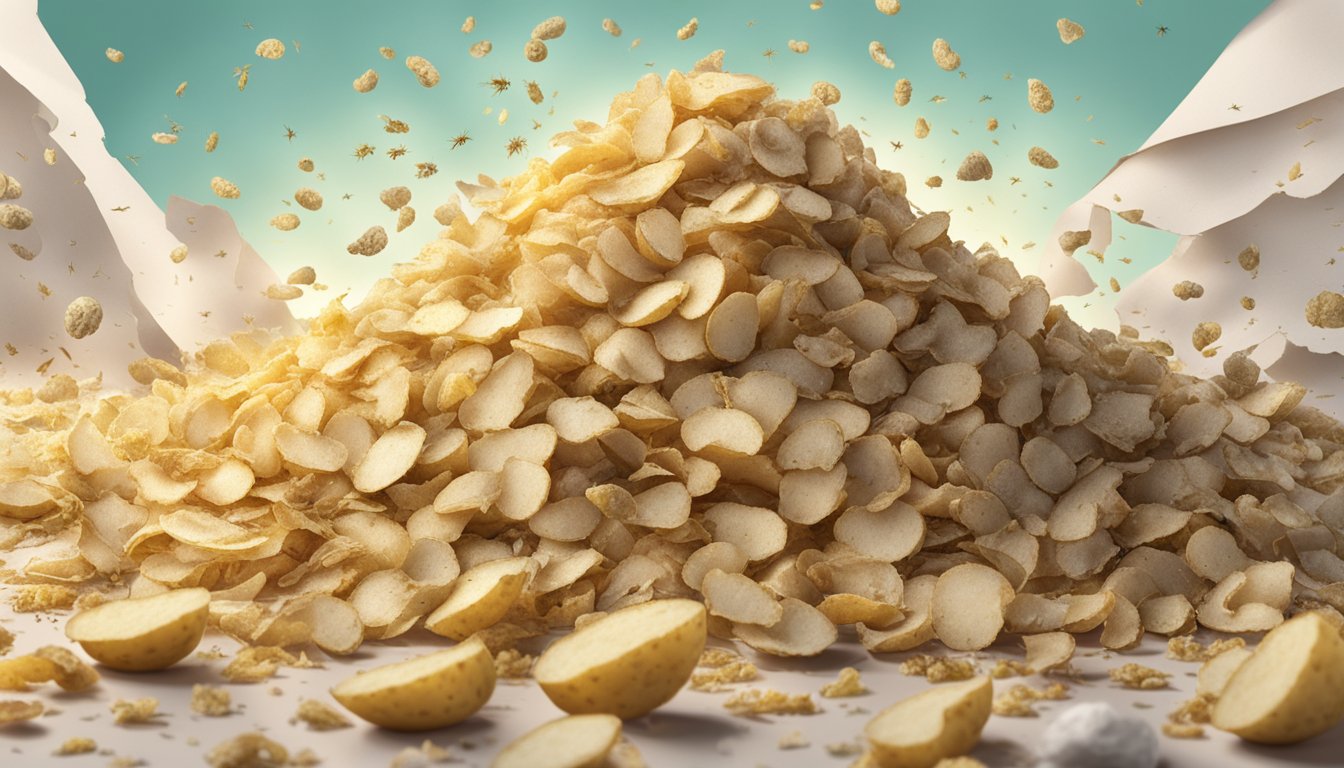 A pile of expired potato flakes spills out of torn packaging, surrounded by mold and insects