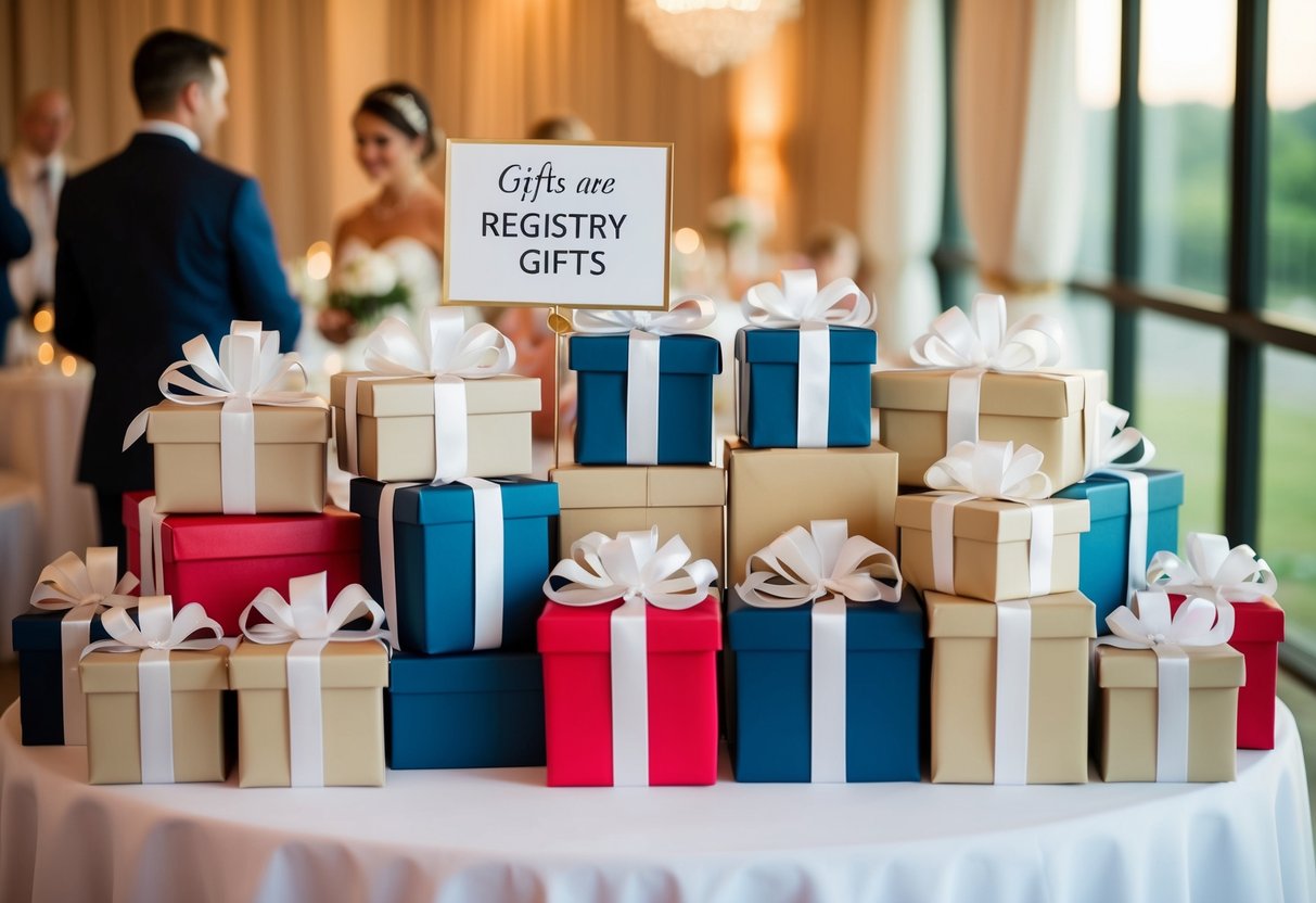Gifts piled on a table at a wedding reception, with a sign indicating they are registry gifts