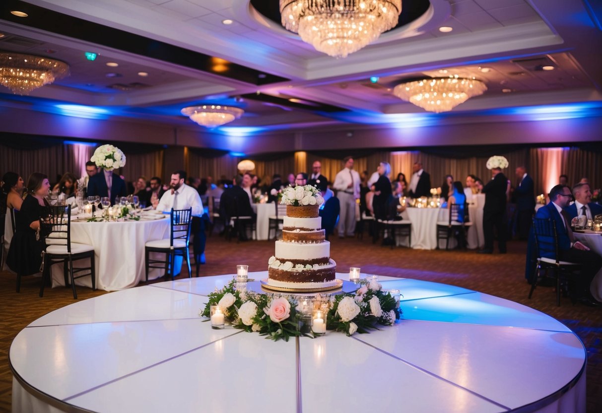 A festive wedding reception with tables, chairs, and a dance floor. Decorations, flowers, and a wedding cake are visible. Guests are enjoying food and drinks
