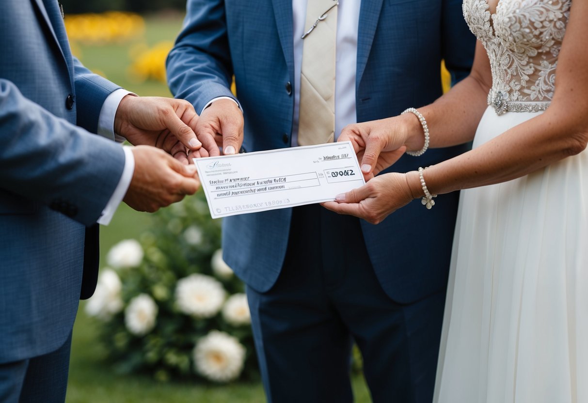 The groom's parents handing over a check to the couple, symbolizing their financial contribution for the wedding expenses in 2024