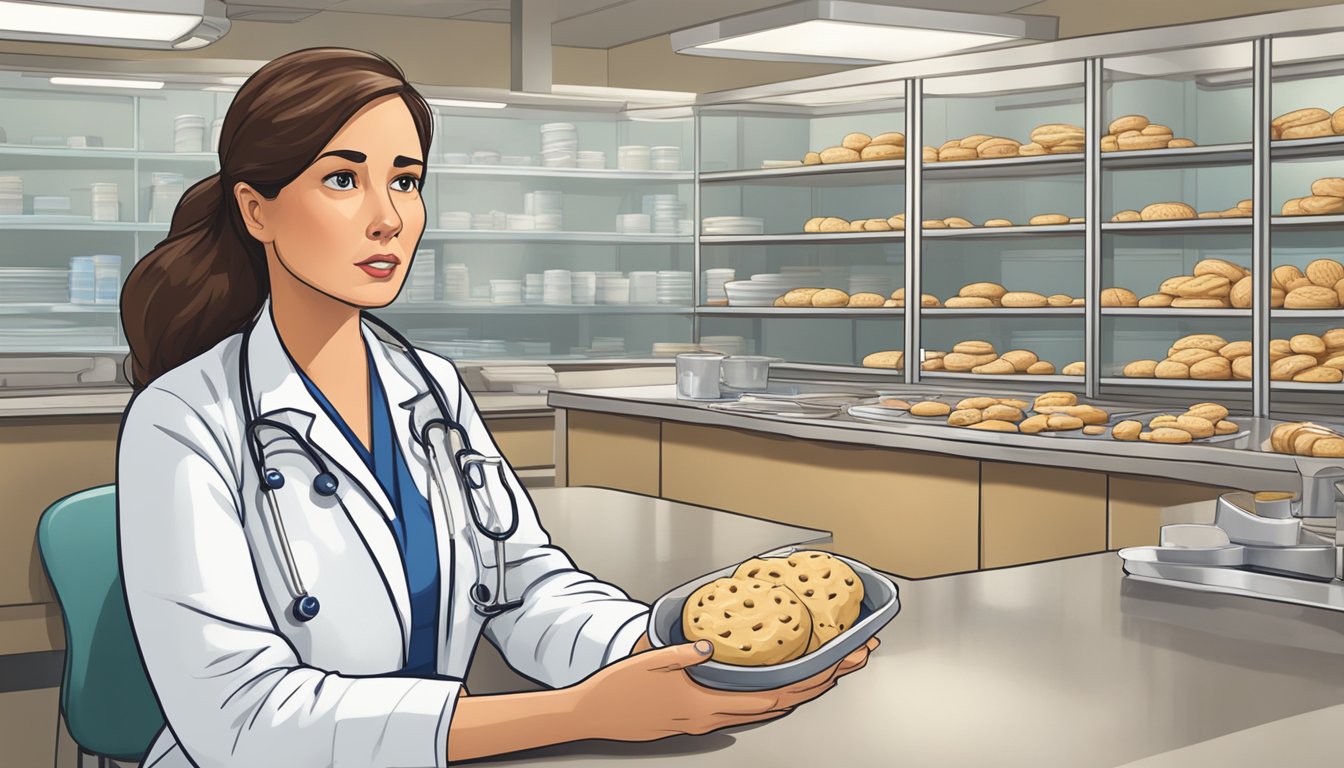 A woman holds a tube of Pillsbury Grands biscuit dough, with a concerned expression on her face. A warning sign and a doctor's office in the background convey the health risks associated with eating raw dough