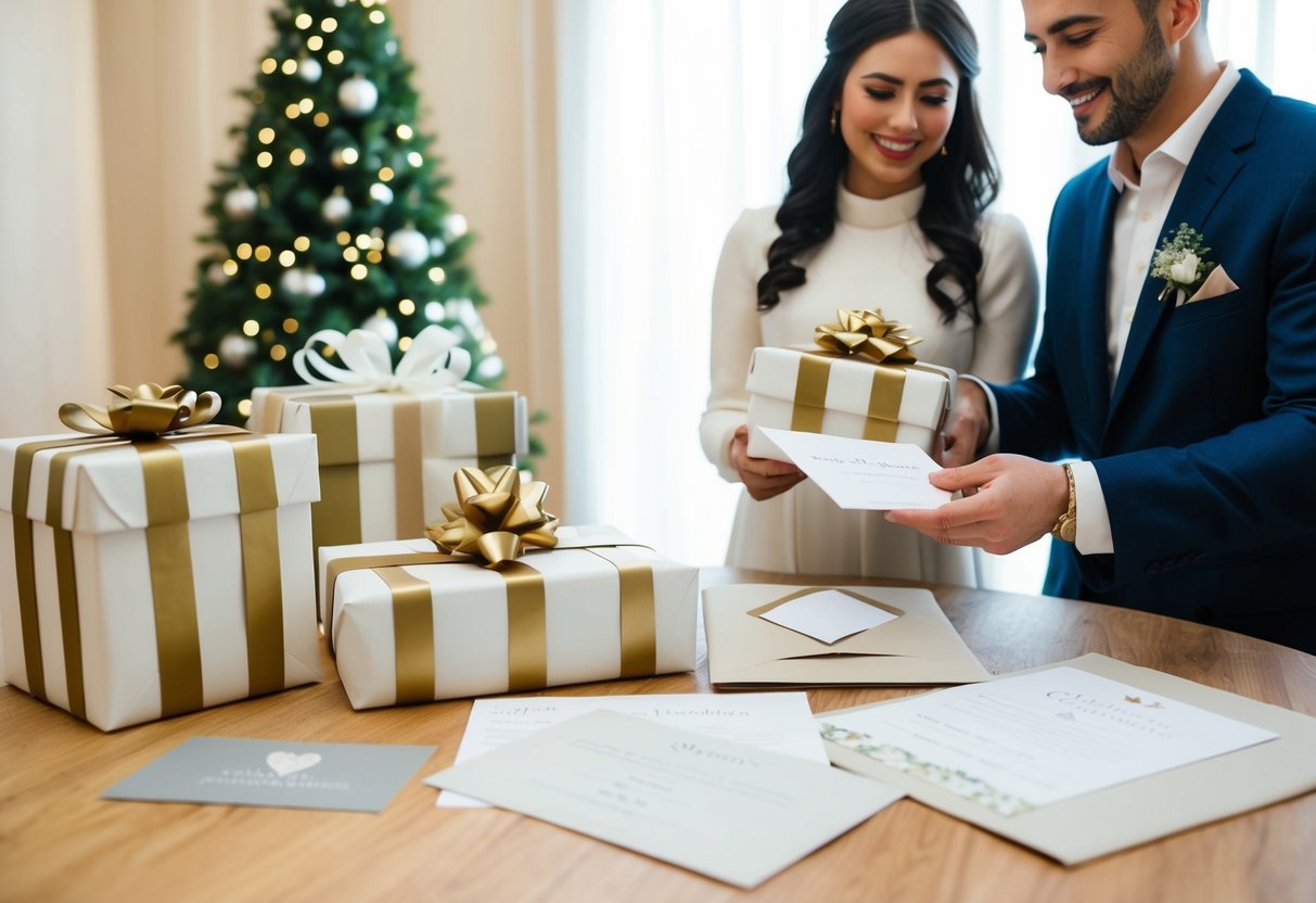 A table with wrapped gifts, a wedding invitation, and a registry card. A couple discusses the gifts with a smile