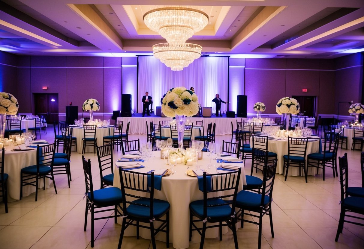 A festive wedding reception with tables, chairs, and decorations set up in a spacious venue, with a dance floor and a stage for live music