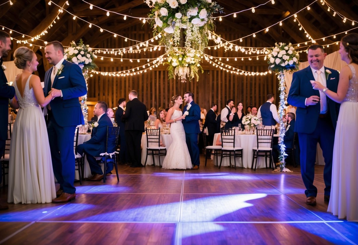 A festive wedding reception with tables, chairs, and a dance floor, adorned with flowers and twinkling lights, as guests mingle and celebrate