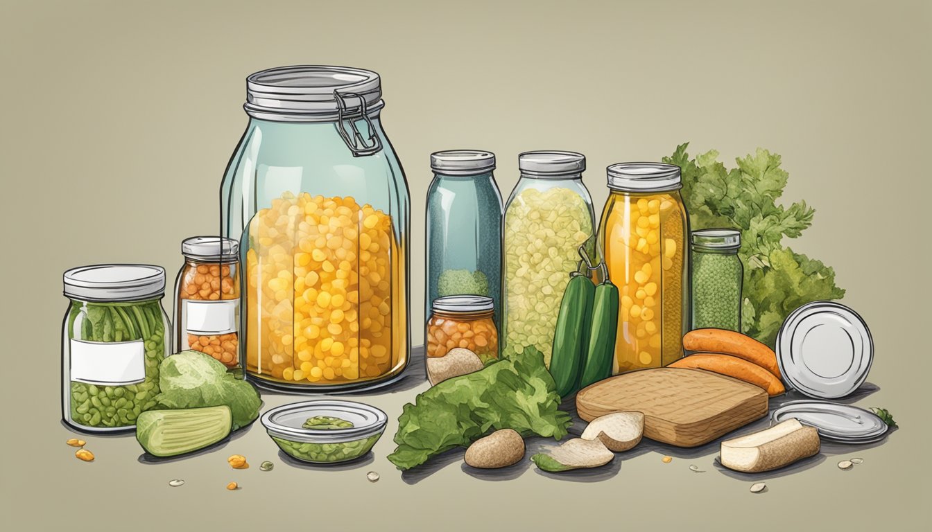 A jar of relish with a visible expiration date, surrounded by various food items, some fresh and some spoiled, to illustrate the concept of relish spoilage