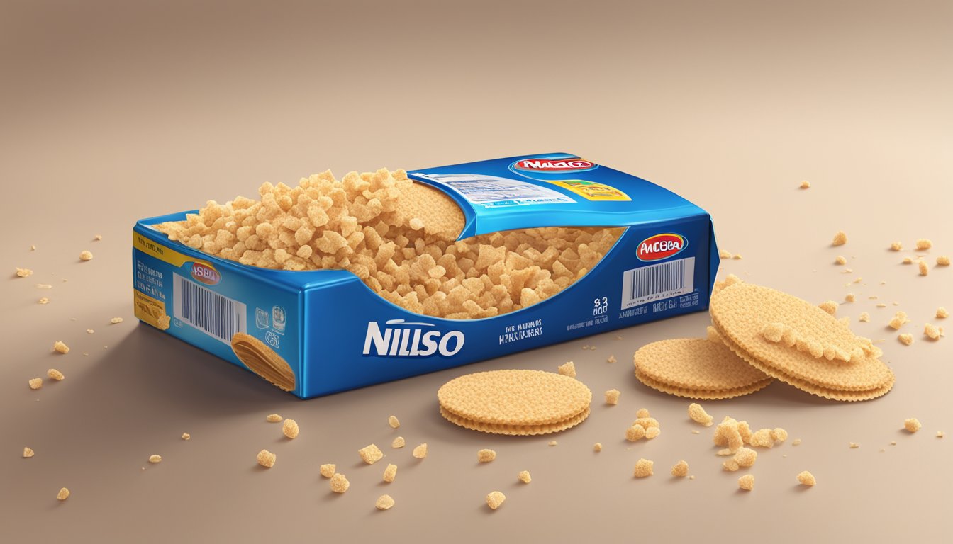 A pile of Nilla wafer crumbs spilling out of a torn open Nabisco box, with a nutrition label visible on the packaging