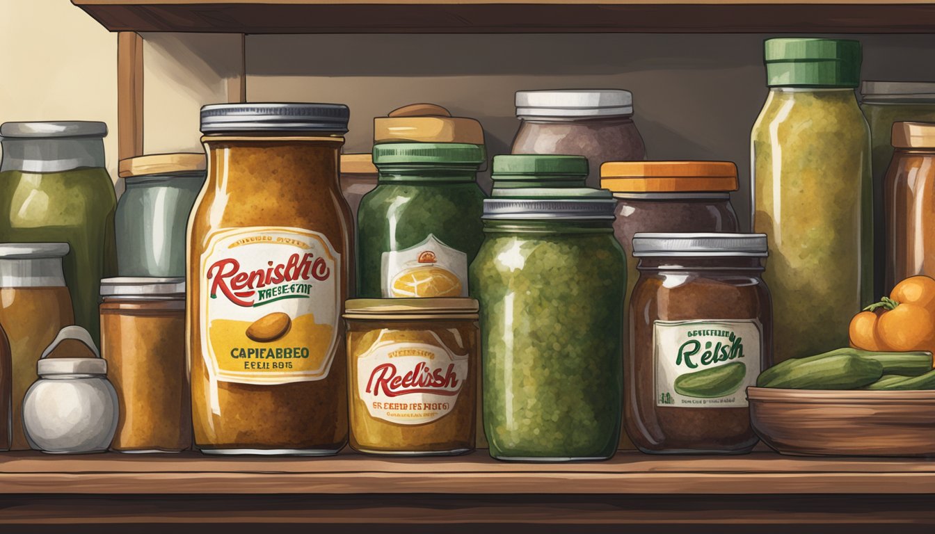 A jar of expired relish sits on a cluttered shelf next to other condiments. The lid is slightly rusted, and the relish appears discolored and separated