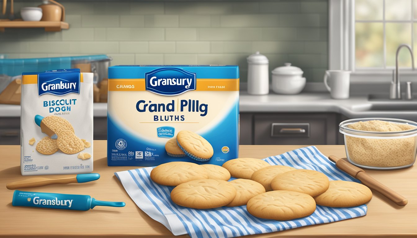 A kitchen counter with a package of Pillsbury Grands biscuit dough, a rolling pin, and a baking sheet