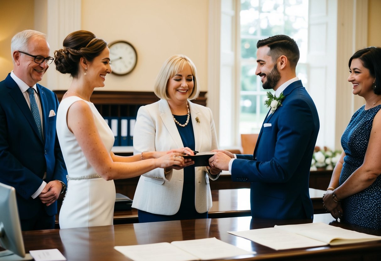 A couple standing at a registry office counter, exchanging vows with a clerk officiating and a few family members as witnesses