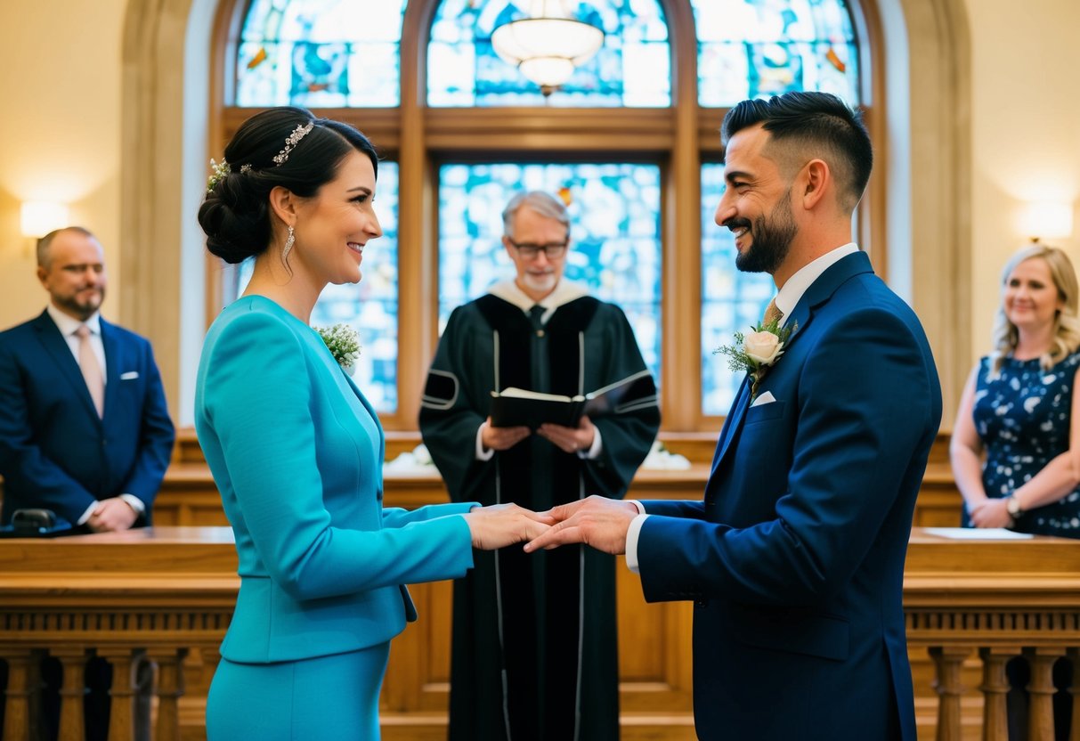 A couple exchanging vows at a registry office with an officiant and two witnesses present