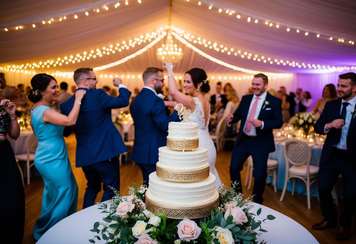 Guests dance under twinkling lights at a UK wedding reception, surrounded by tables adorned with floral centerpieces and a tiered wedding cake