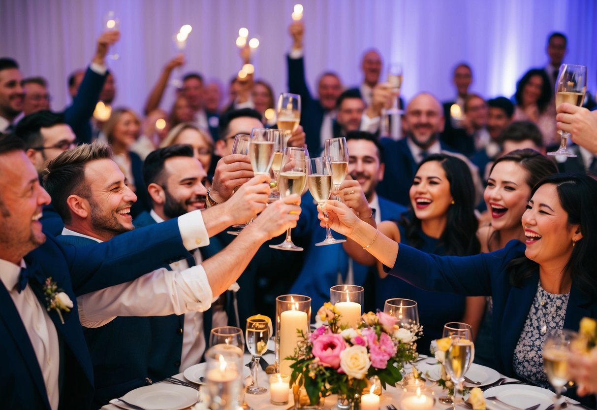 A joyous crowd gathers, raising glasses in celebration. Tables adorned with flowers and candles, as laughter fills the air