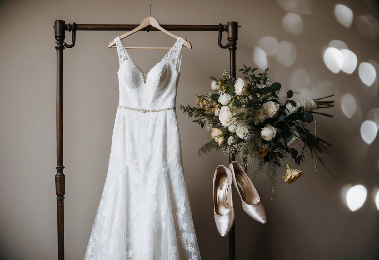 A white lace wedding dress hung on a vintage coat rack, surrounded by a bouquet of wilting flowers and a pair of discarded satin shoes