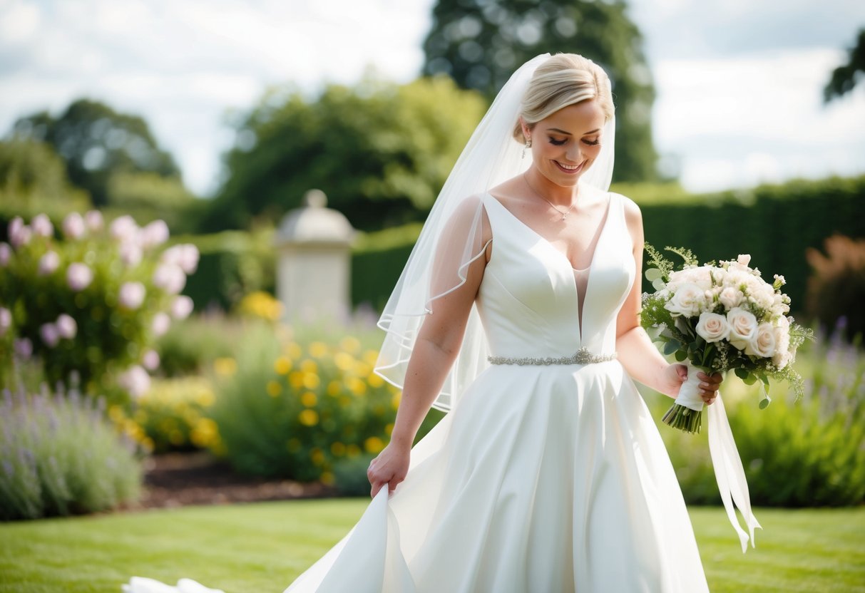 A bride in a flowing white dress and delicate veil walks through a garden, holding a bouquet of flowers. She smiles as she looks at her new wedding ring