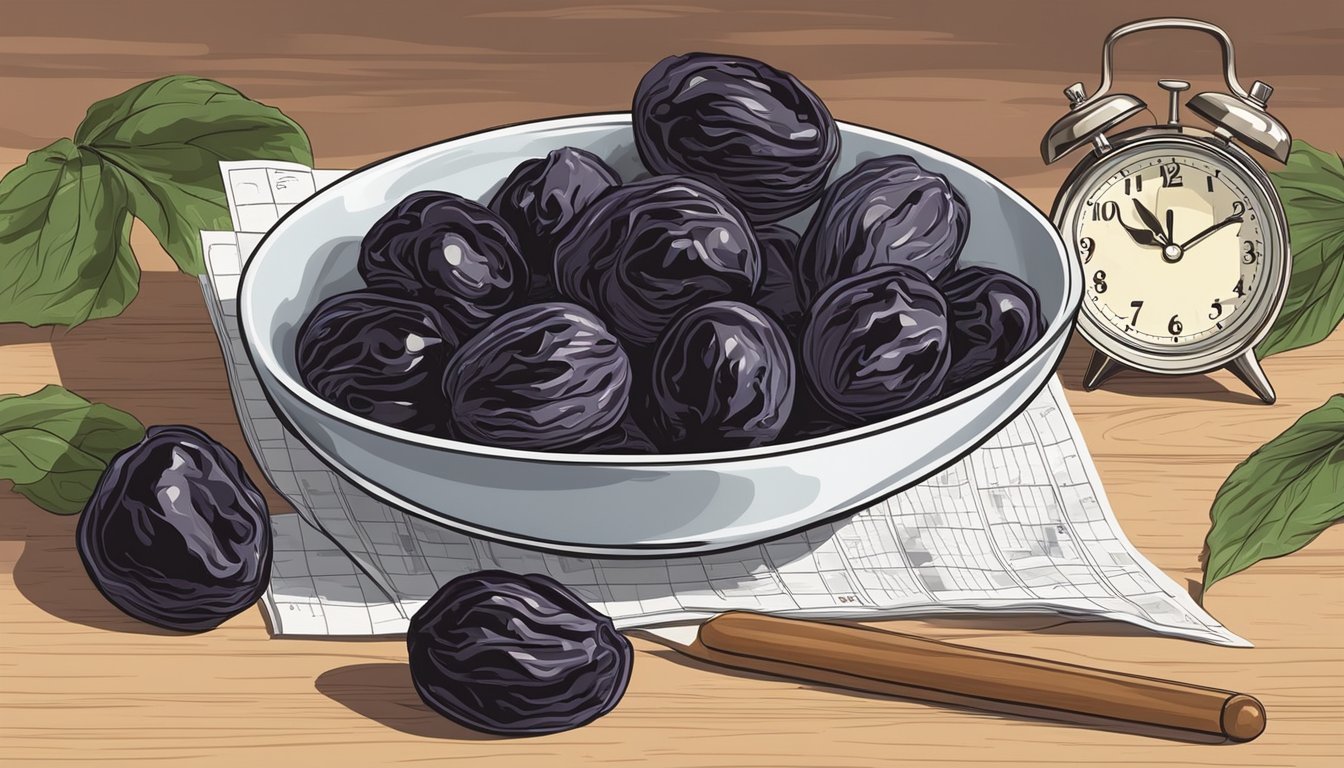 A bowl of wrinkled prunes sits on a kitchen counter, surrounded by a calendar and a clock, indicating the passage of time