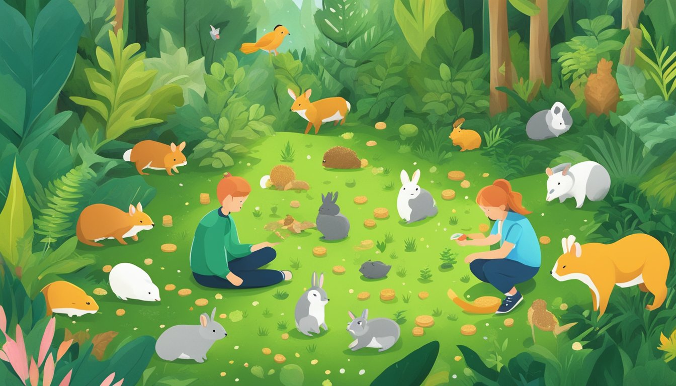 A person sprinkles Nilla wafer crumbs on a lush green forest floor, surrounded by diverse plant life and small animals