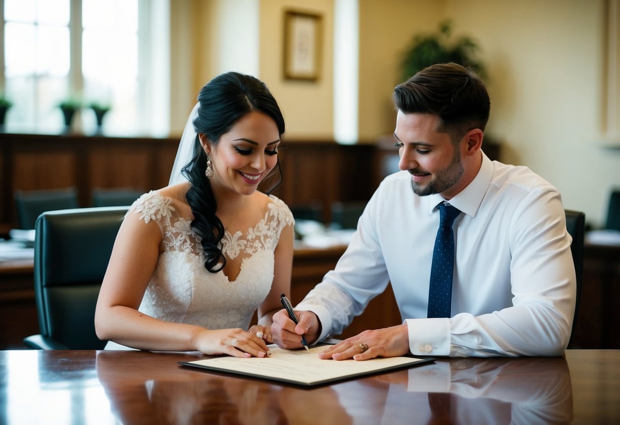 A couple signing a marriage certificate at a registry office desk