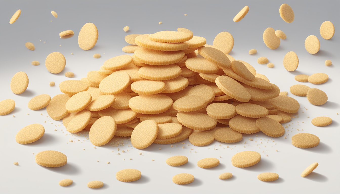 A pile of Nilla wafer crumbs on a clean, white surface, with a few whole wafers scattered nearby