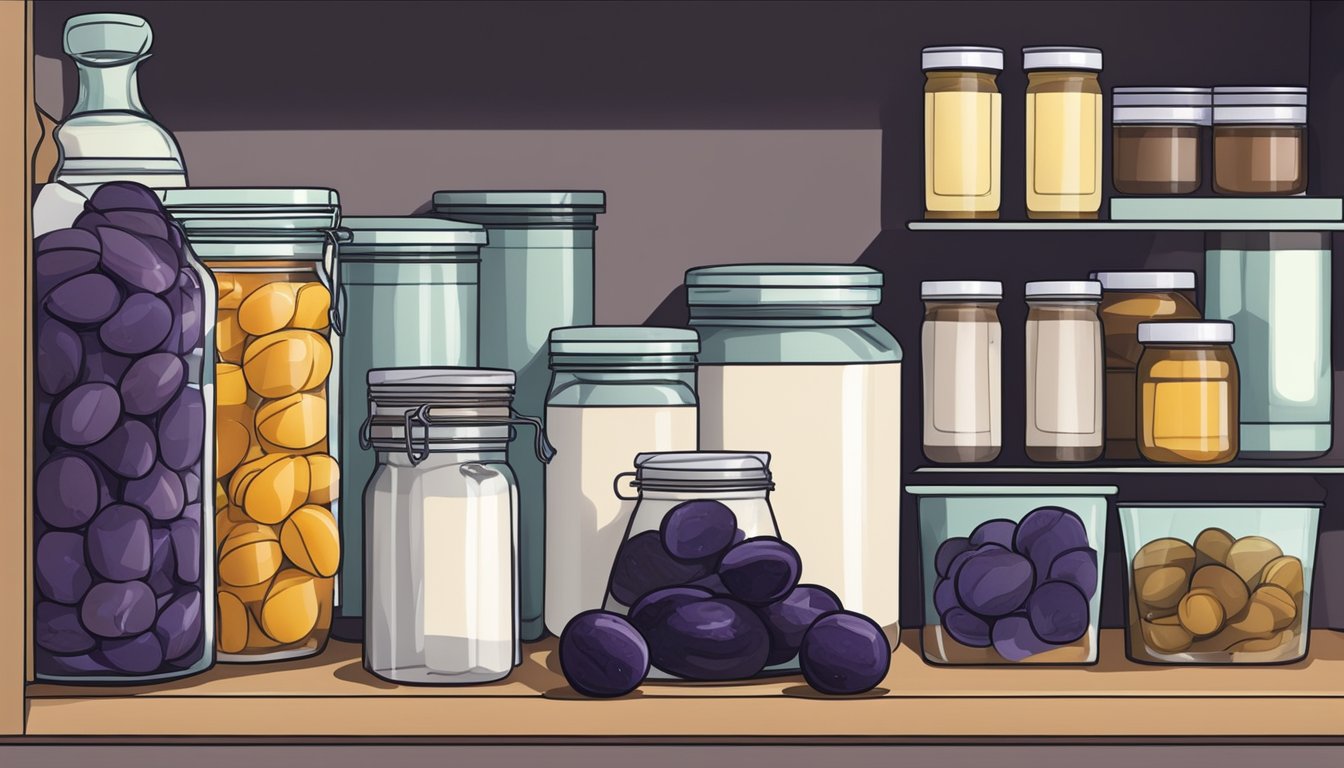 A pantry shelf with a variety of storage containers holding prunes, including a glass jar, a plastic bag, and a decorative tin