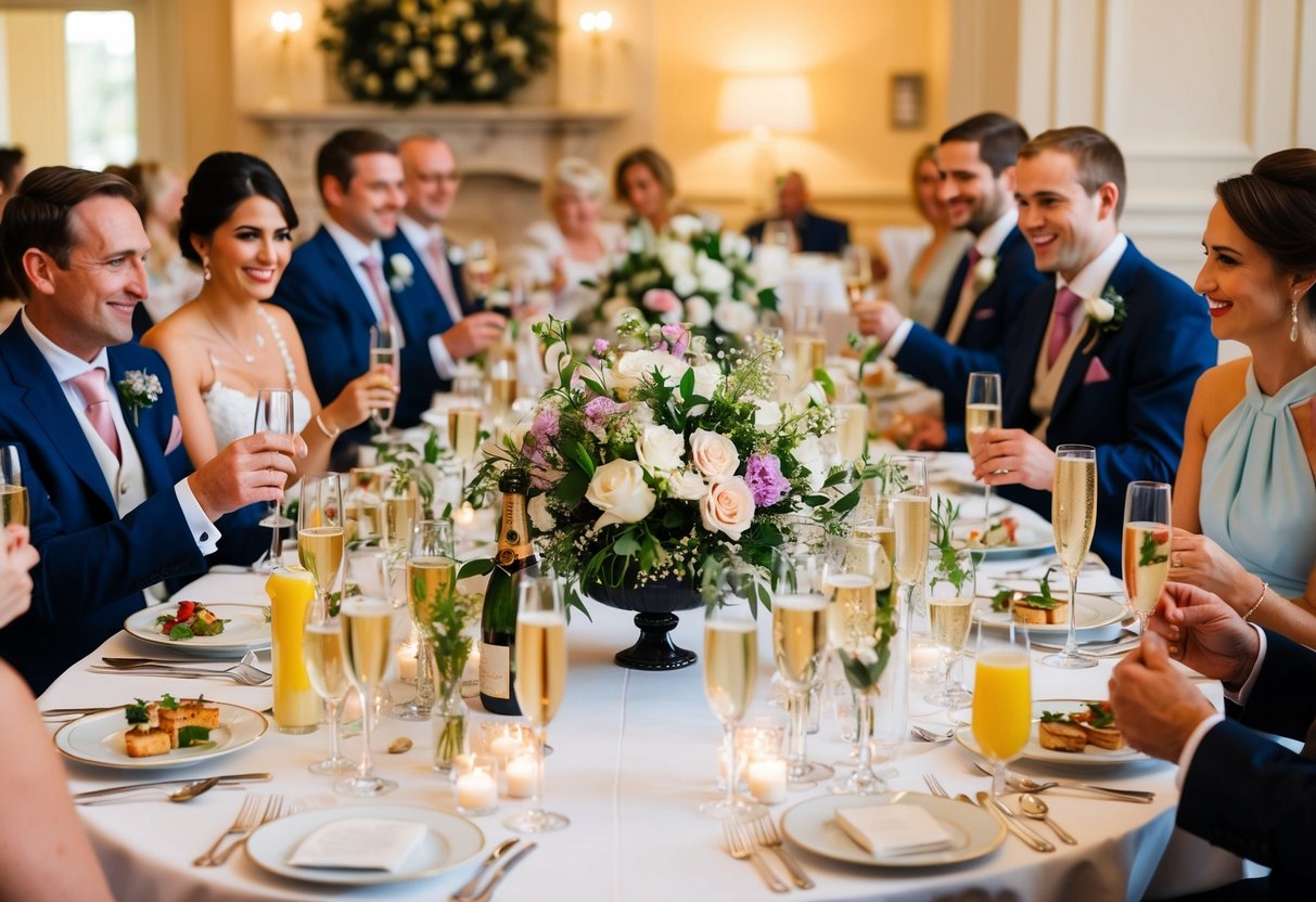 A traditional English wedding reception with elegant table settings, floral centerpieces, and guests enjoying champagne and canapés