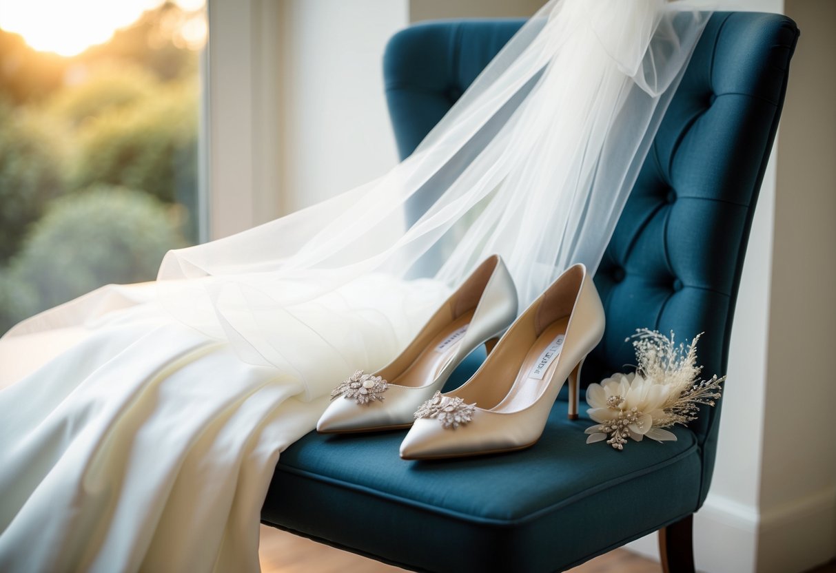 A bride's dress and veil laid out on a chair, with a pair of elegant shoes and a delicate hair accessory arranged nearby