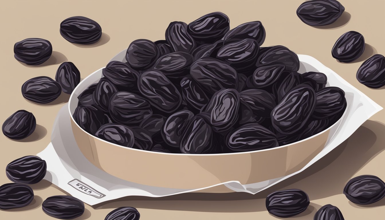 A pile of dried prunes spilling out of an open bag, with a nutrition label in the background