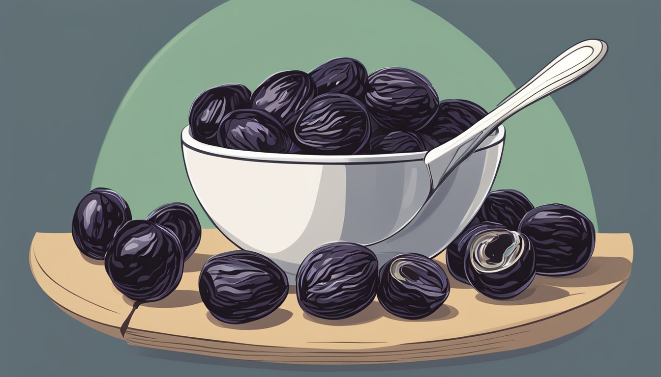 A bowl of prunes, some fresh and some expired, with a magnifying glass examining their texture and color