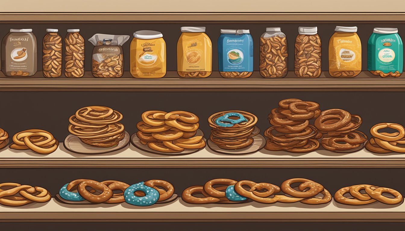 A variety of pretzel types arranged on a shelf, some with expiration dates visible