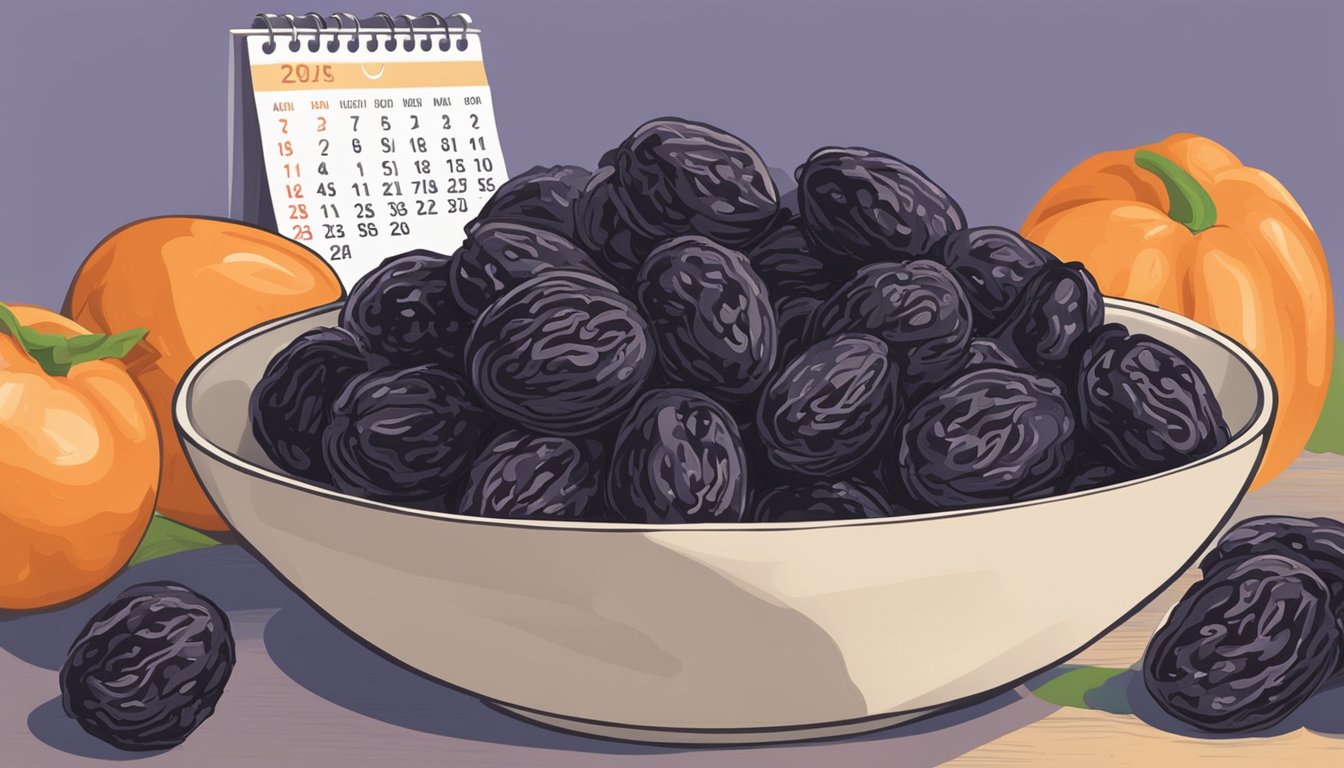 A bowl of expired prunes sits next to a pile of fresh produce, with a calendar showing the expiration date crossed out