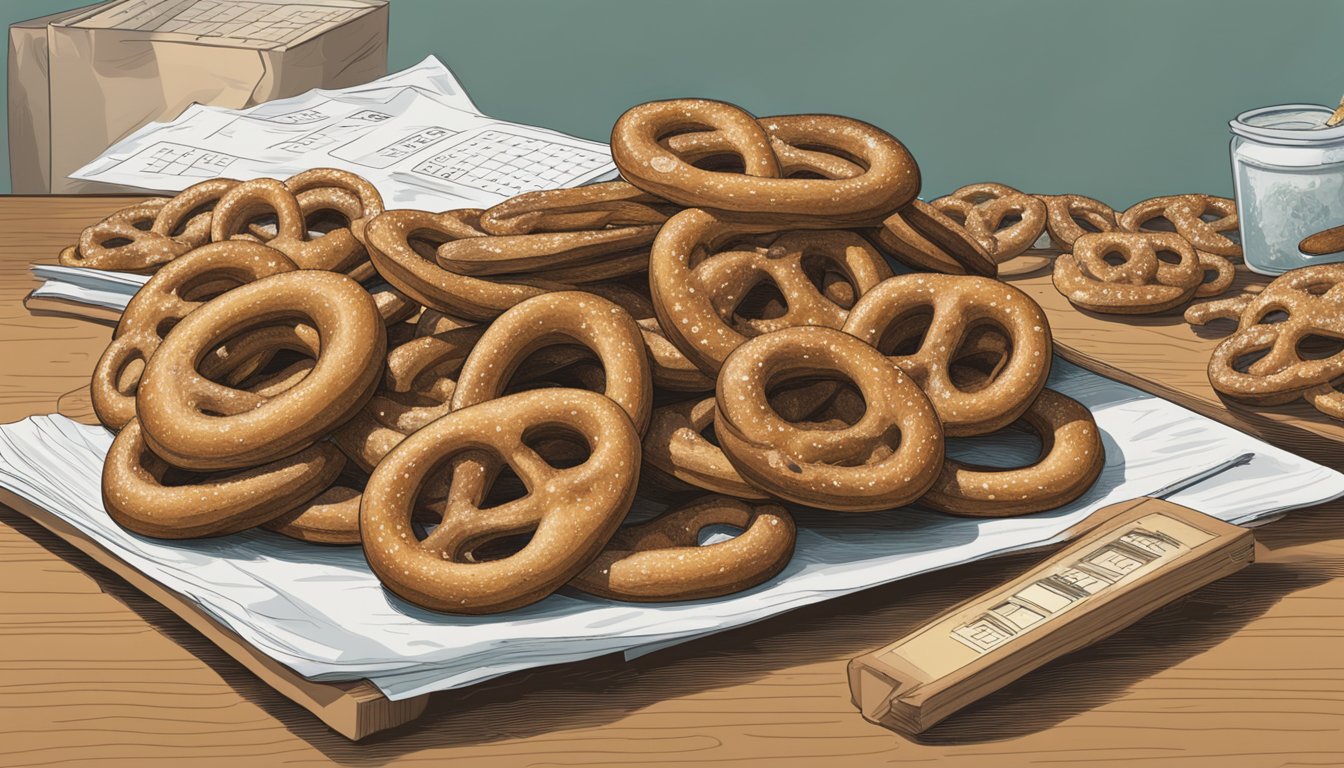 A pile of pretzels sits on a table, some with visible mold, others stale and discolored. A calendar on the wall shows an expired date