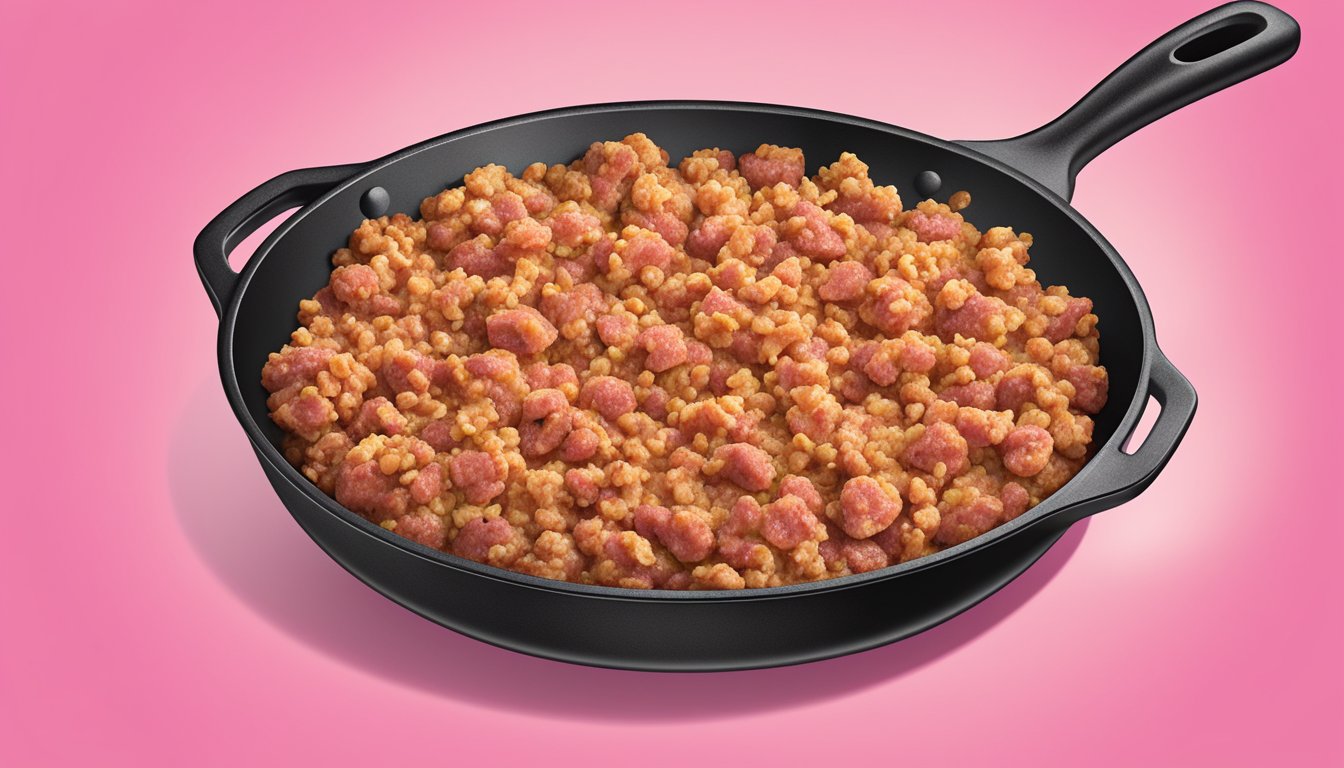 A skillet with sizzling pink Jimmy Dean sausage crumbles