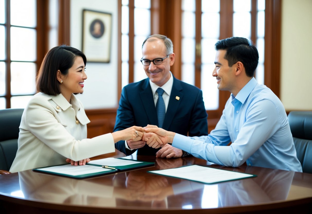 A couple at a government office, exchanging documents with an official behind a desk