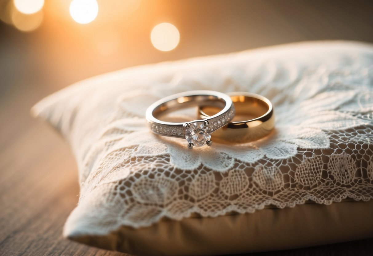 The wedding rings resting on a delicate lace pillow, bathed in soft, warm light