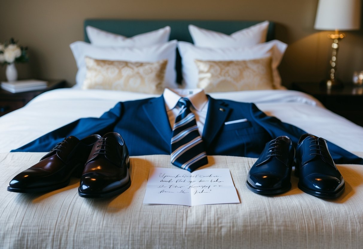 A cozy bed with a neatly folded suit and tie, a pair of polished shoes, and a handwritten note from the bride