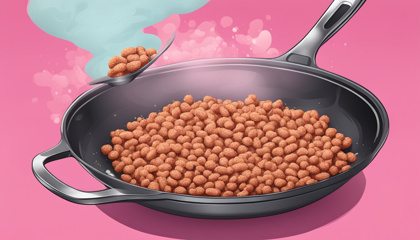 A sizzling pink sausage crumbles in a hot skillet