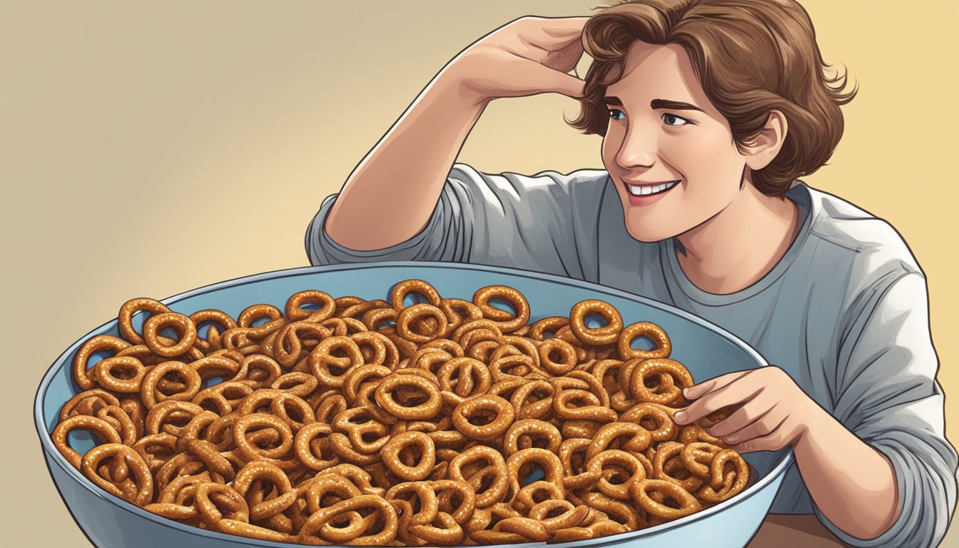 A person enjoying a large bowl of expired pretzels, looking satisfied and content