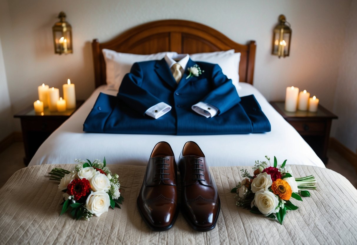 A cozy bed with a neatly folded suit and a pair of polished shoes, surrounded by traditional wedding symbols like flowers and candles