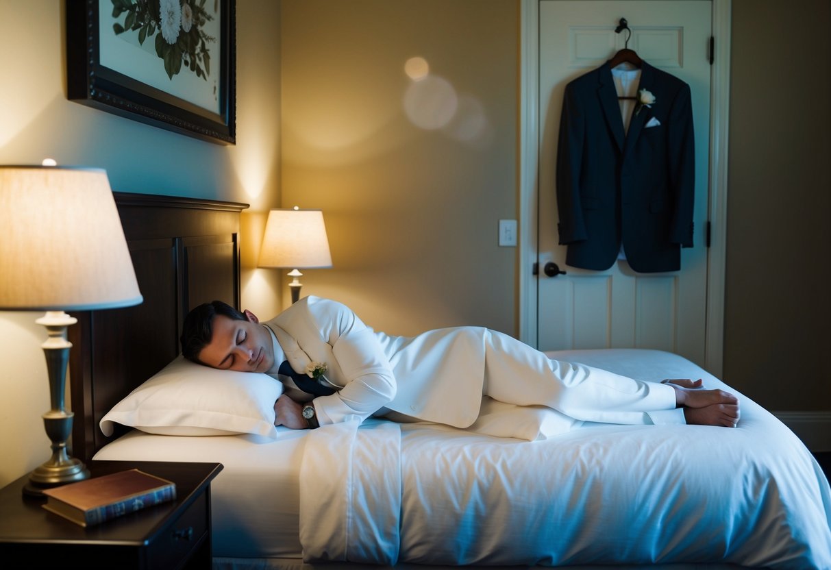 The groom sleeps in a cozy, dimly lit room with a neatly made bed and a small table with a lamp and a book. A suit hangs on the door