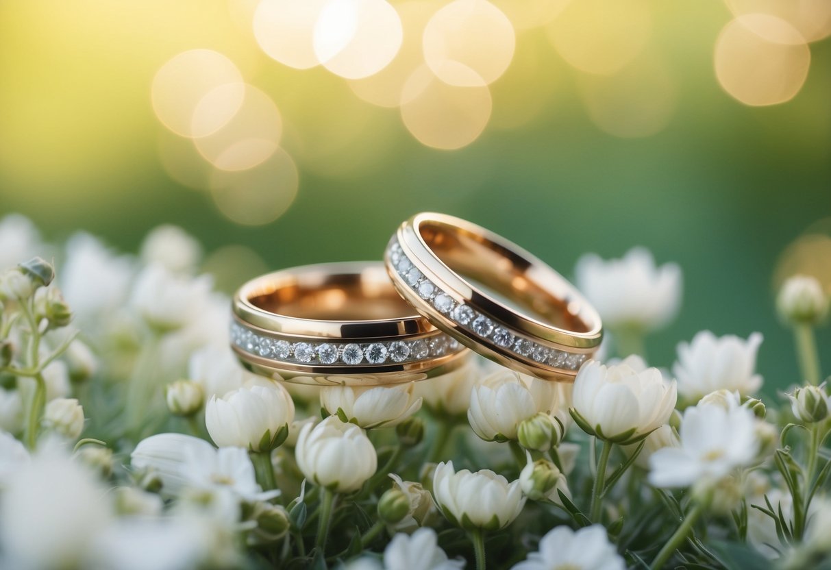A pair of intertwined wedding rings resting on a bed of delicate flowers