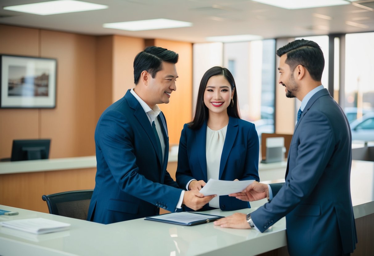 A couple standing at a government office counter, handing over paperwork and speaking with an official