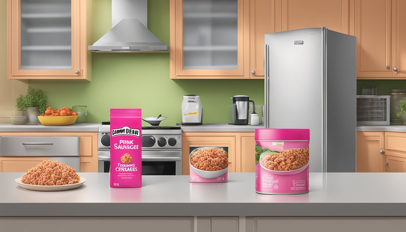 A kitchen counter with a package of pink Jimmy Dean sausage crumbles, a refrigerator in the background