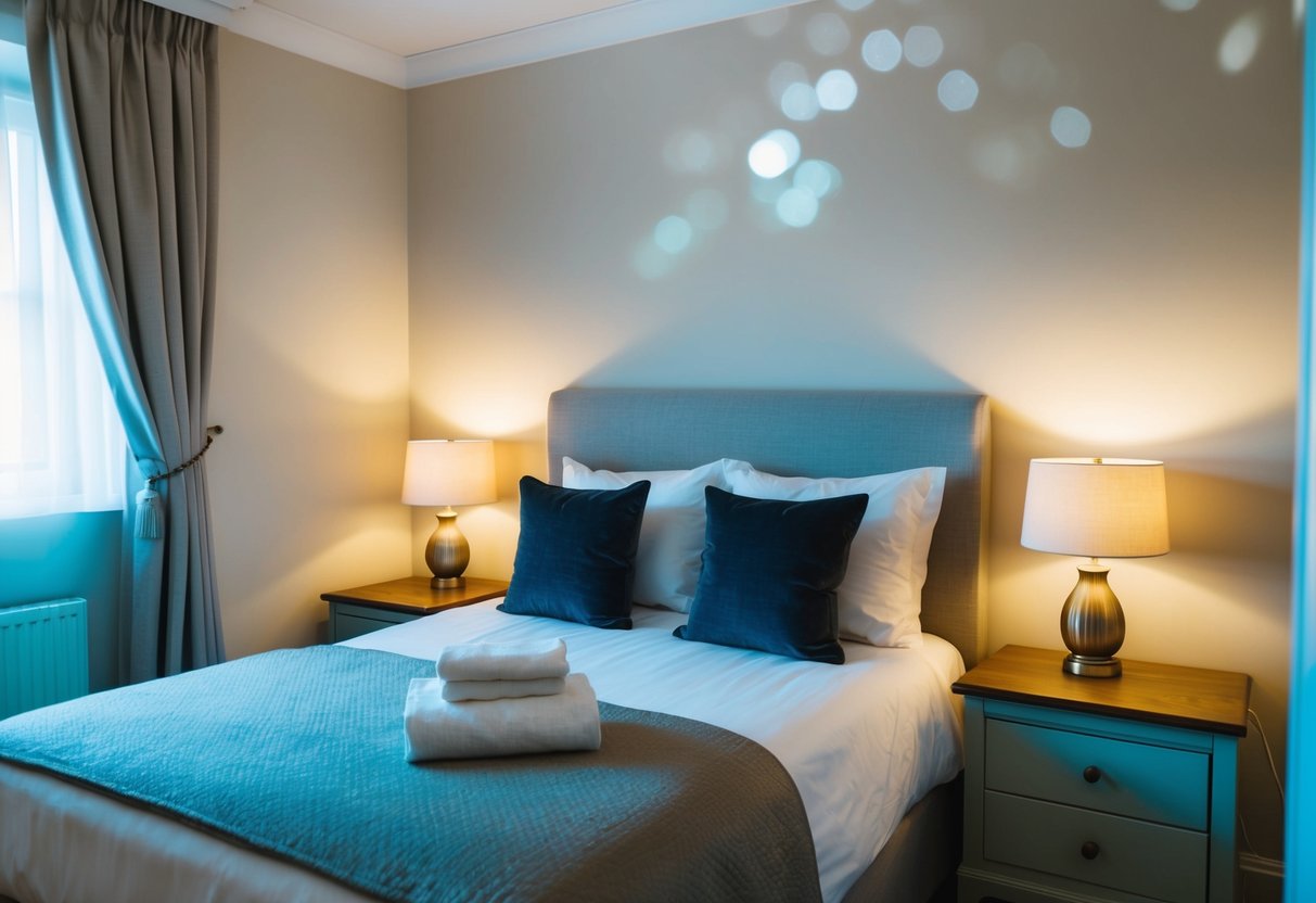 A cozy bedroom with a neatly made bed, a nightstand with a lamp, and a window with curtains