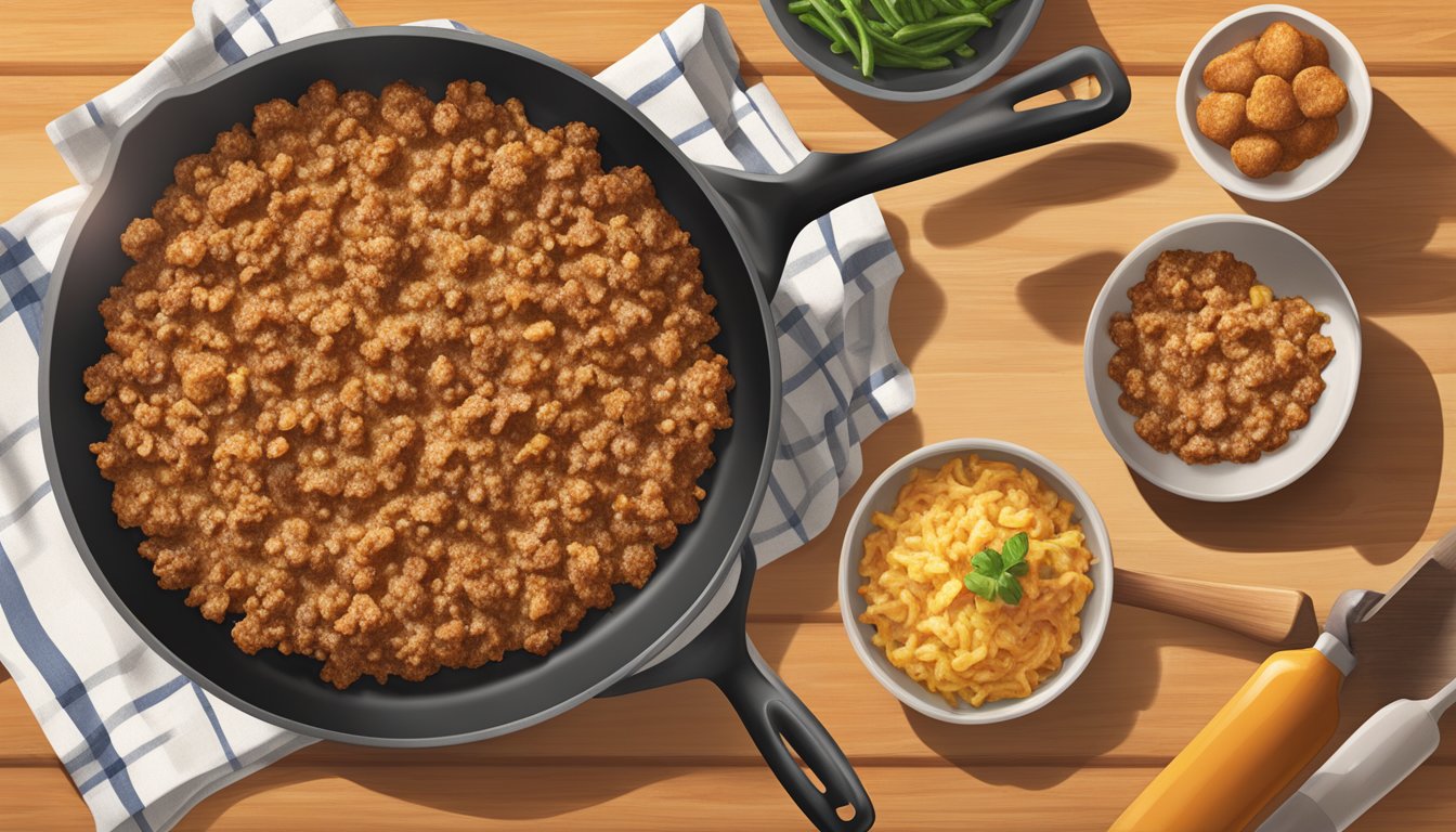 A skillet sizzling with Jimmy Dean Sausage Crumbles being cooked to perfection