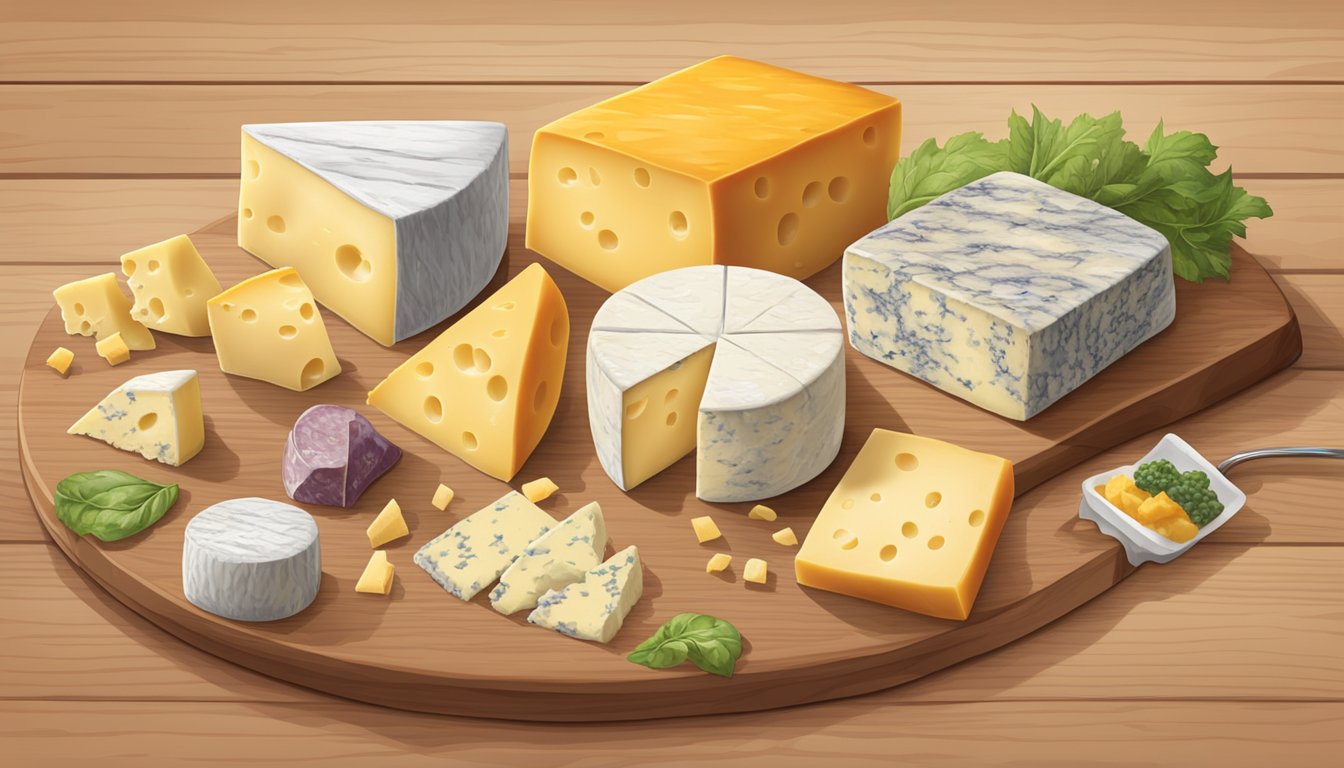 A colorful array of various types of cheese, neatly arranged on a wooden board, with a label indicating "Crystal Farms Shredded Cheese" past its expiration date