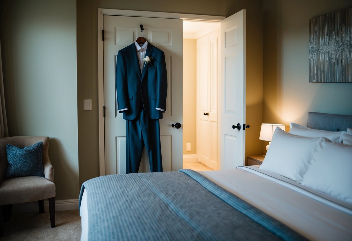 A cozy, dimly lit bedroom with a neatly made bed and a suit hanging on the door, suggesting the groom's anticipation for the big day