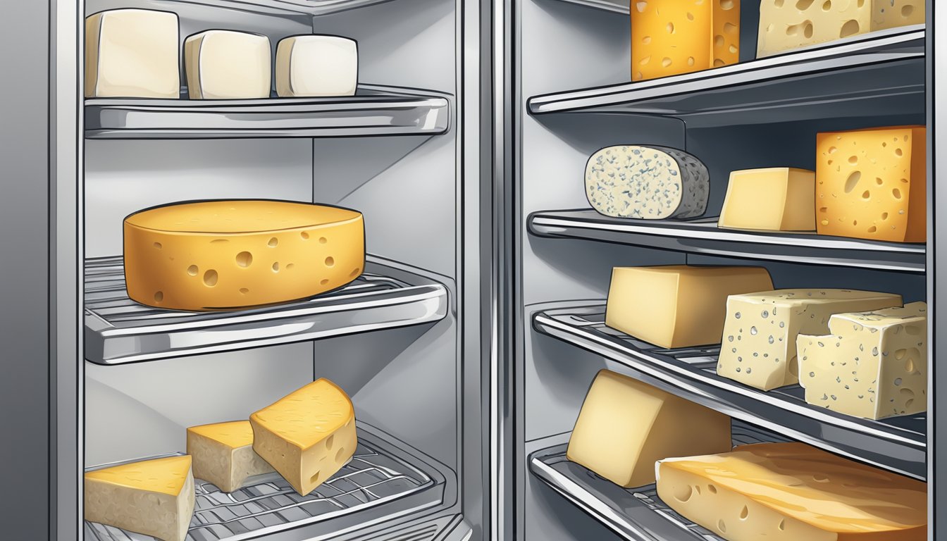 A refrigerator door with organized shelves of various cheeses, including a bag of Crystal Farms shredded cheese with a visible expiration date